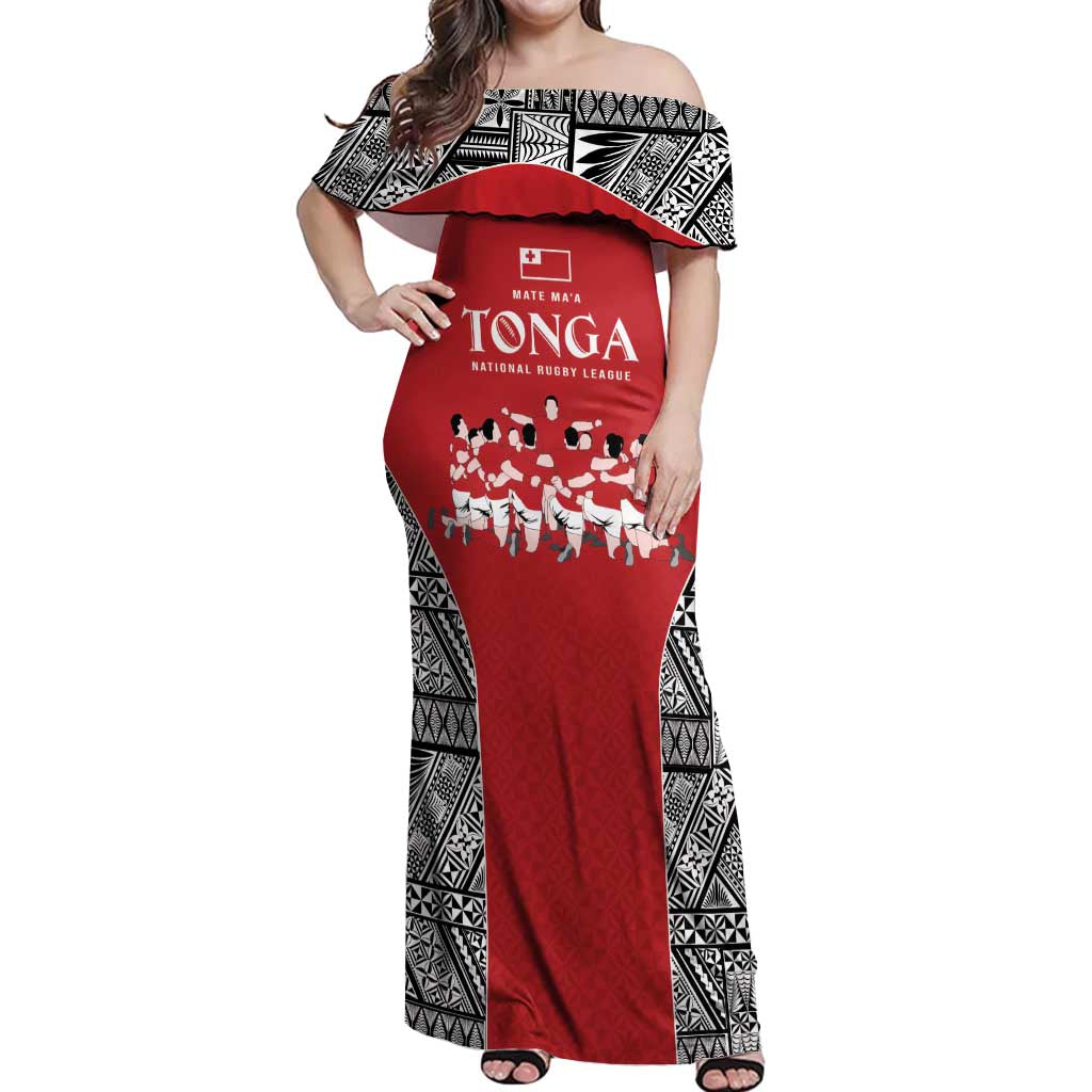 Custom Tonga Rugby Mate Ma'a Off Shoulder Maxi Dress Tonga XIII Make History Pacific Champions LT9 Women Red - Polynesian Pride