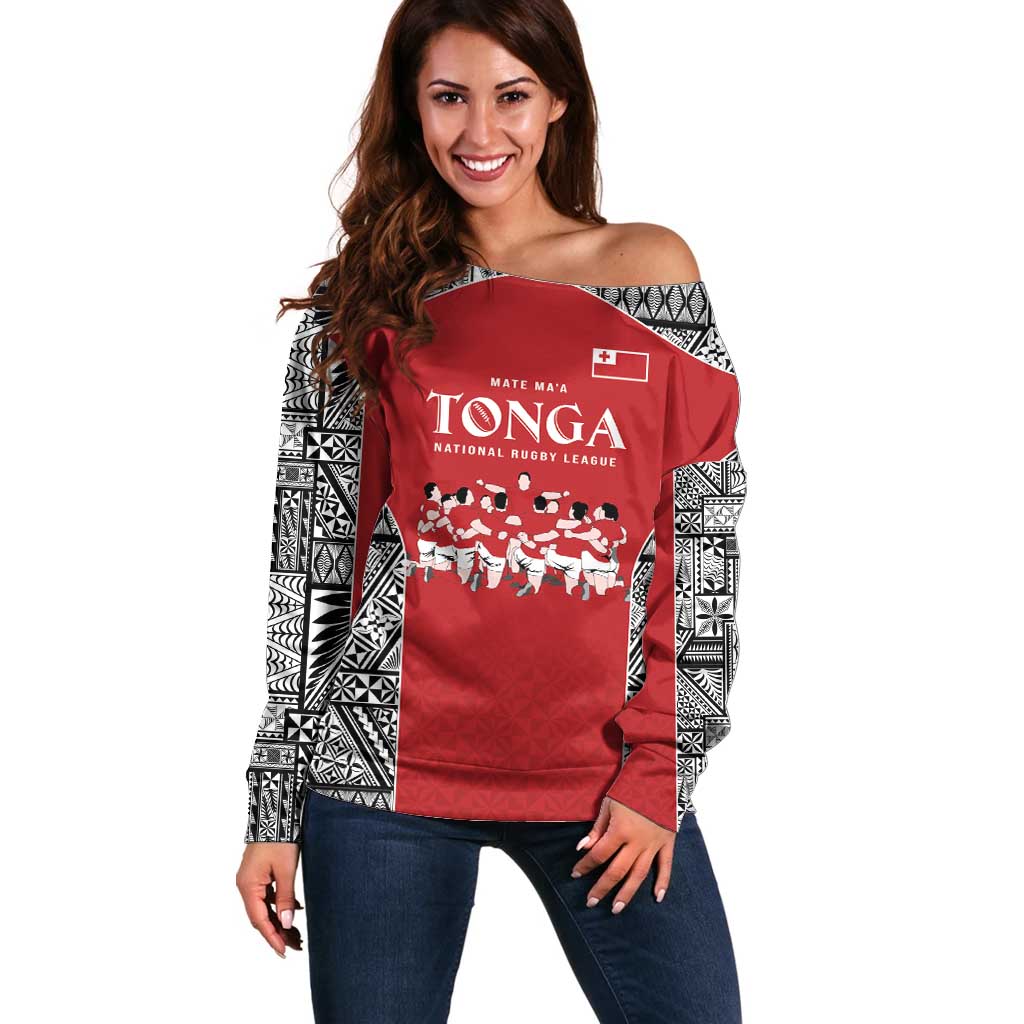 Custom Tonga Rugby Mate Ma'a Off Shoulder Sweater Tonga XIII Make History Pacific Champions LT9 Women Red - Polynesian Pride