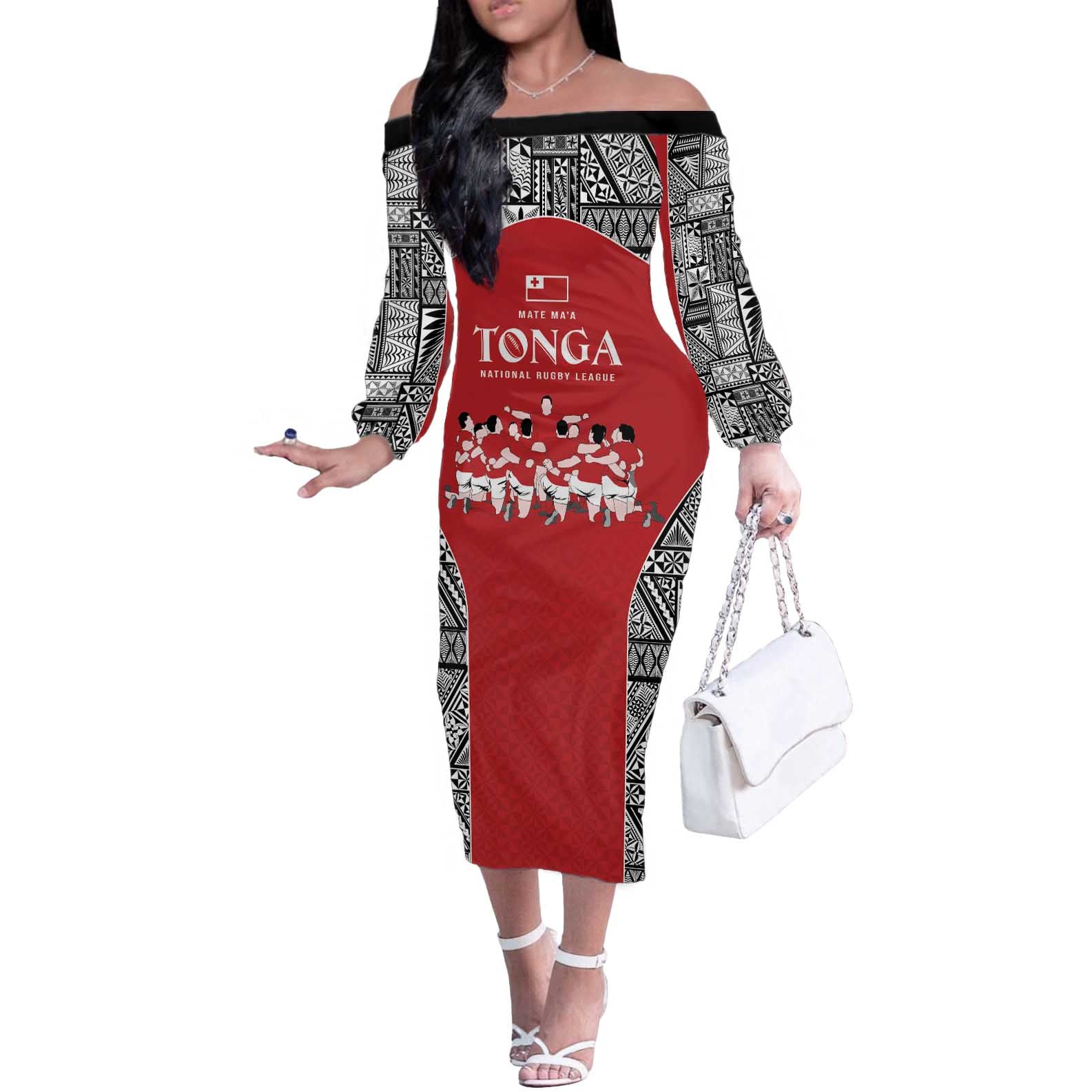 Custom Tonga Rugby Mate Ma'a Off The Shoulder Long Sleeve Dress Tonga XIII Make History Pacific Champions LT9 Women Red - Polynesian Pride