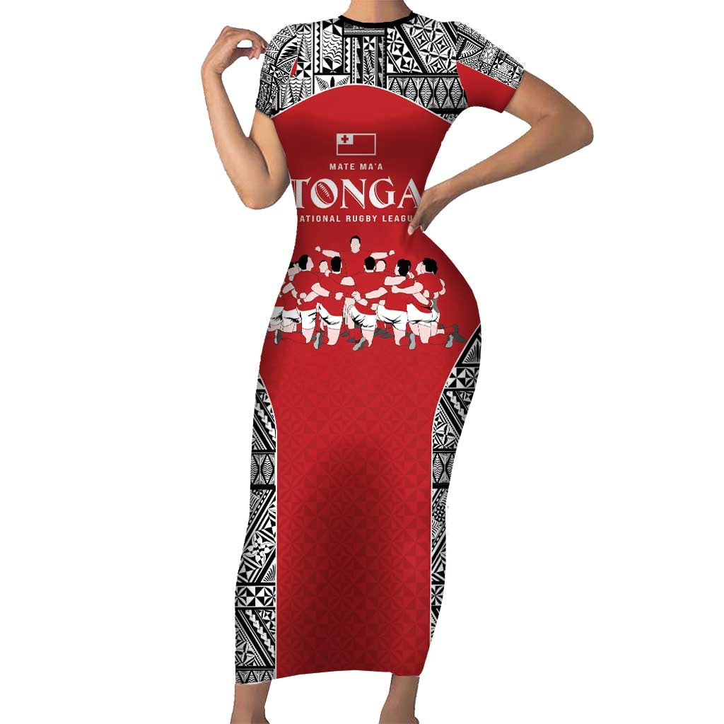 Custom Tonga Rugby Mate Ma'a Short Sleeve Bodycon Dress Tonga XIII Make History Pacific Champions LT9 Long Dress Red - Polynesian Pride