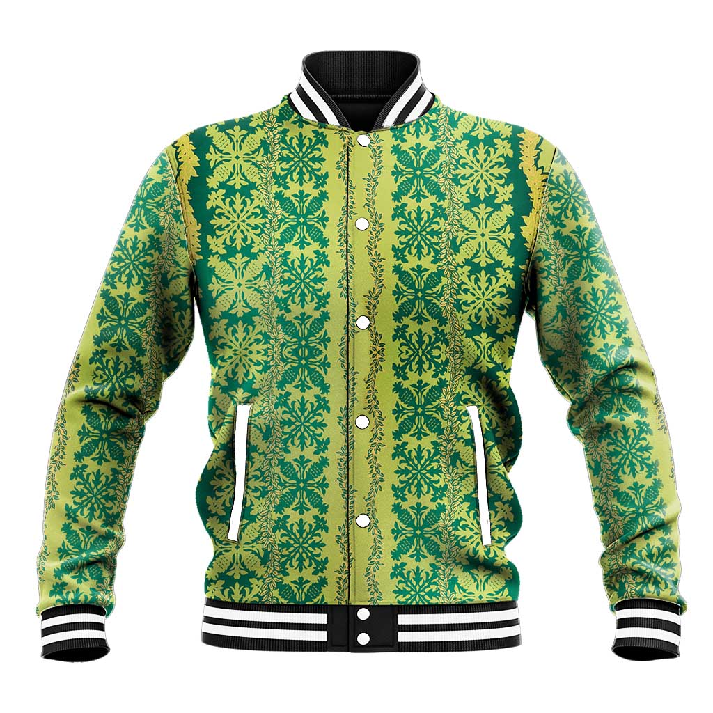 Hawaii Lei with Tribal Quilt Motif Baseball Jacket LT9 Unisex Green - Polynesian Pride