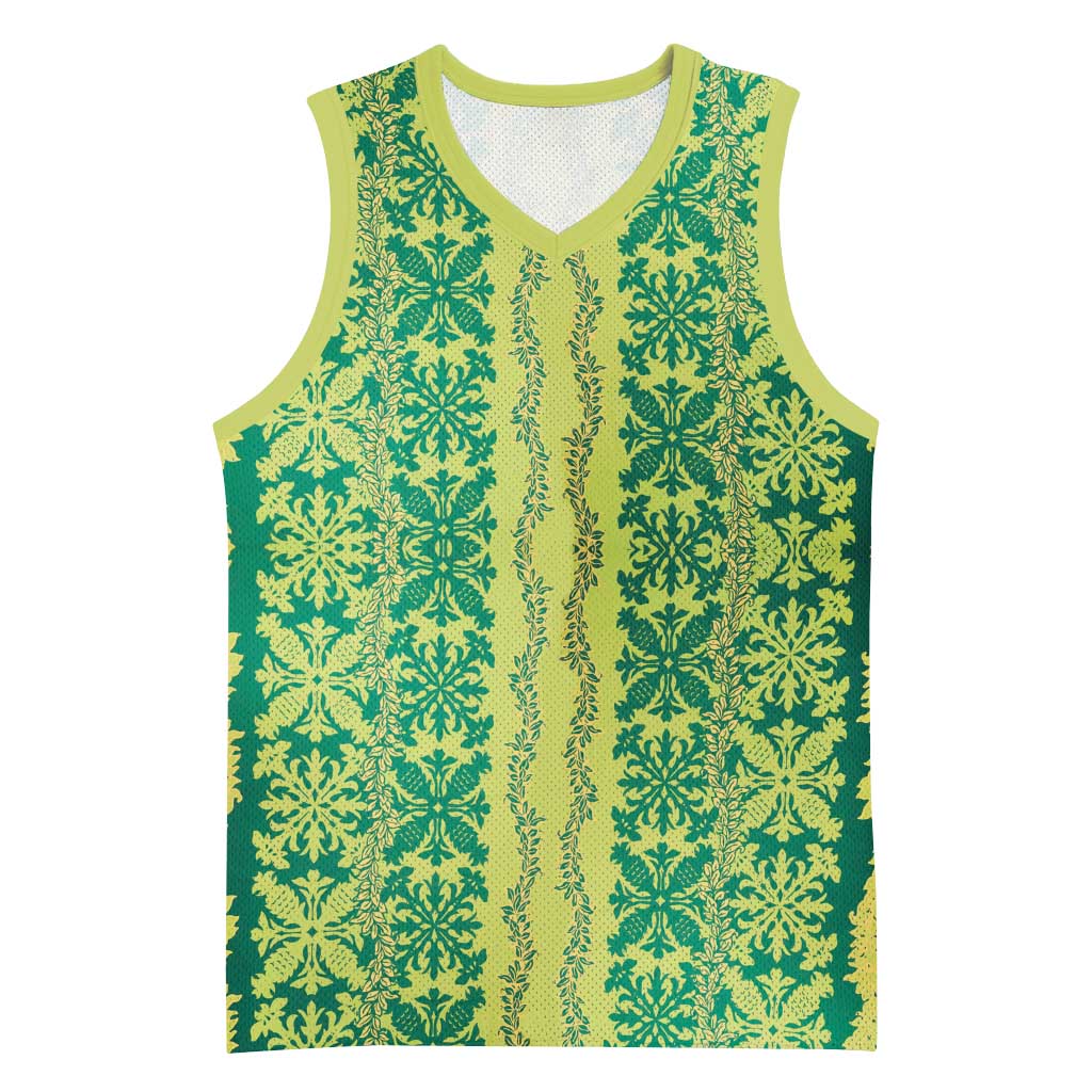 Hawaii Lei with Tribal Quilt Motif Basketball Jersey LT9 Unisex Green - Polynesian Pride
