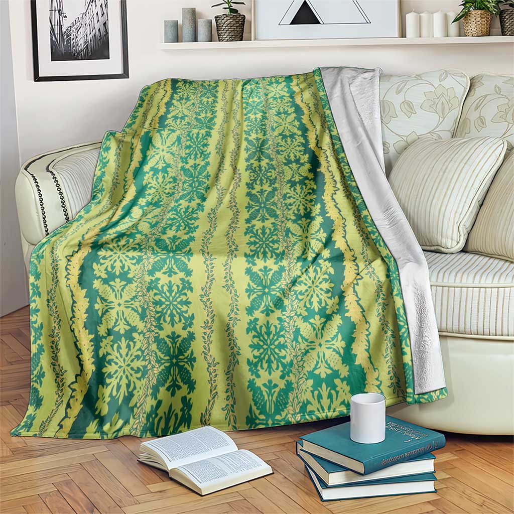 Hawaii Lei with Tribal Quilt Motif Blanket LT9 Green - Polynesian Pride