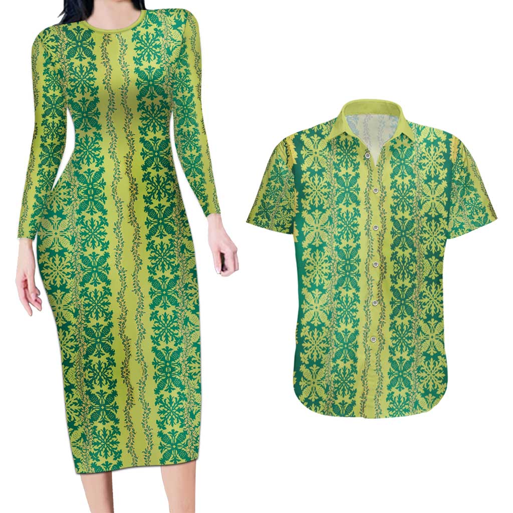 Hawaii Lei with Tribal Quilt Motif Couples Matching Long Sleeve Bodycon Dress and Hawaiian Shirt