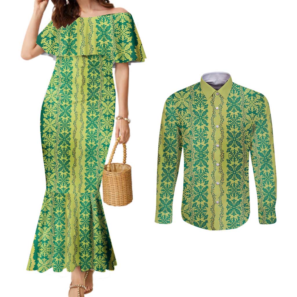 Hawaii Lei with Tribal Quilt Motif Couples Matching Mermaid Dress and Long Sleeve Button Shirt