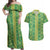 Hawaii Lei with Tribal Quilt Motif Couples Matching Off Shoulder Maxi Dress and Hawaiian Shirt