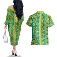 Hawaii Lei with Tribal Quilt Motif Couples Matching Off The Shoulder Long Sleeve Dress and Hawaiian Shirt