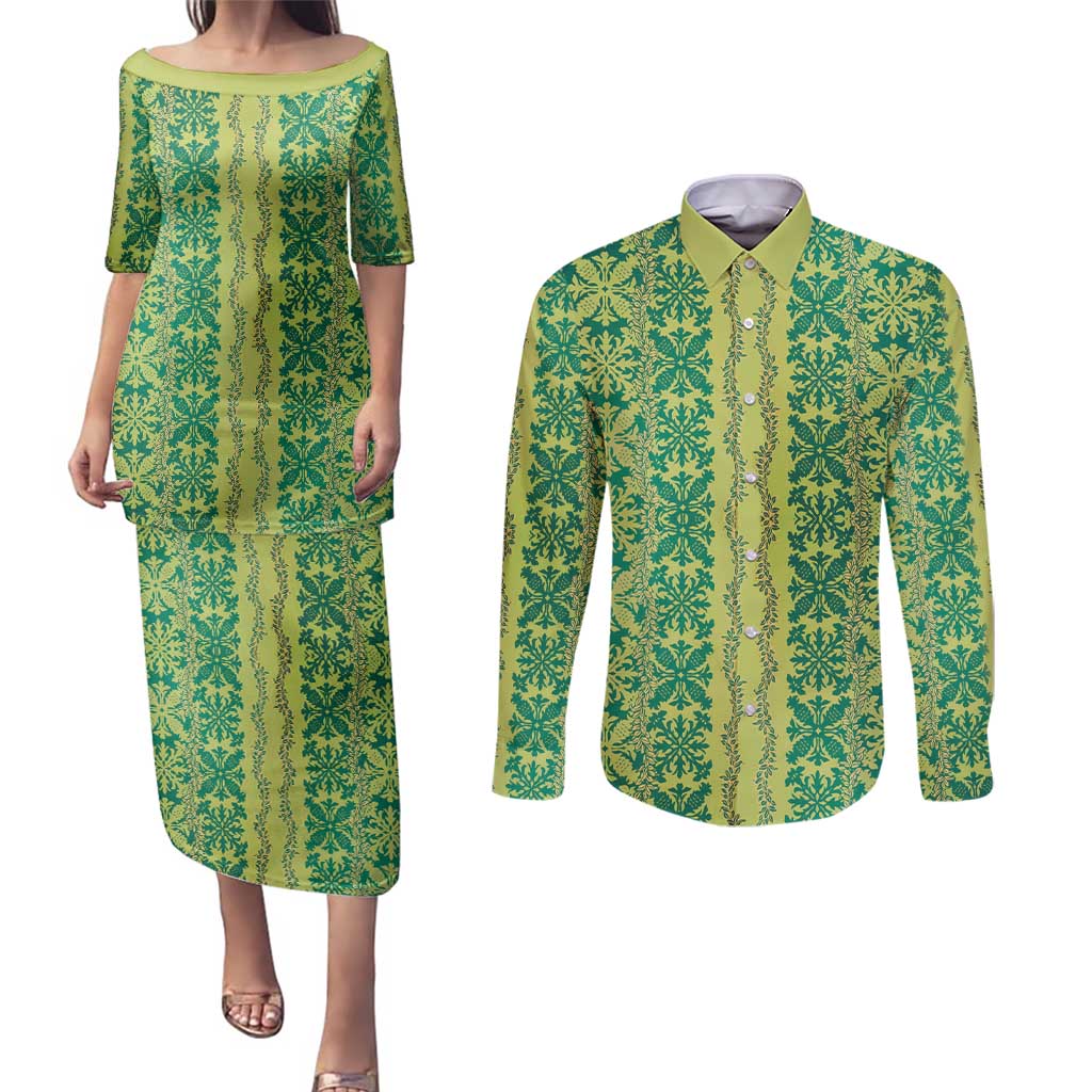 Hawaii Lei with Tribal Quilt Motif Couples Matching Puletasi and Long Sleeve Button Shirt