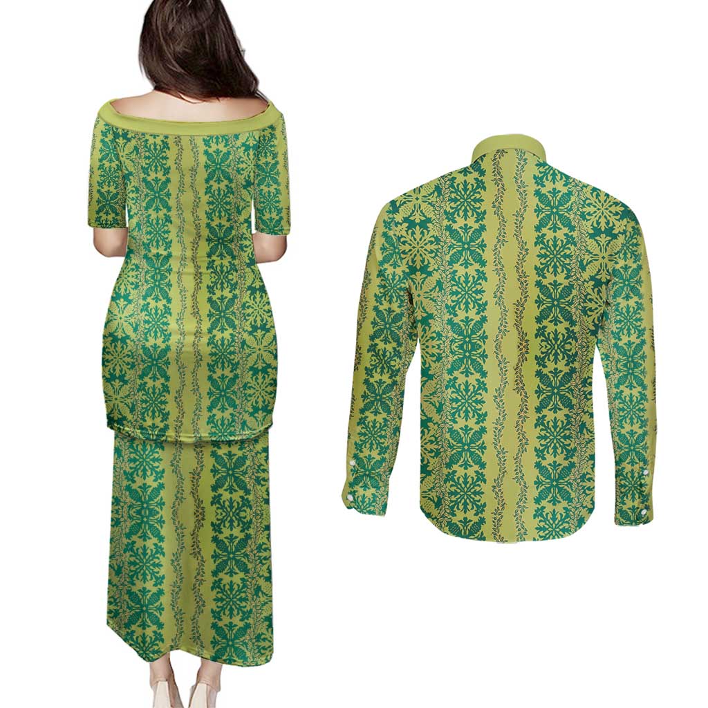 Hawaii Lei with Tribal Quilt Motif Couples Matching Puletasi and Long Sleeve Button Shirt
