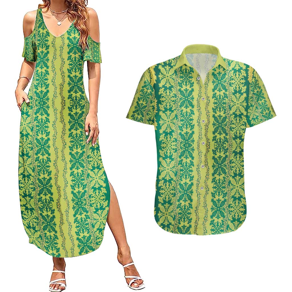 Hawaii Lei with Tribal Quilt Motif Couples Matching Summer Maxi Dress and Hawaiian Shirt