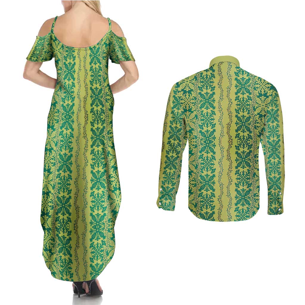 Hawaii Lei with Tribal Quilt Motif Couples Matching Summer Maxi Dress and Long Sleeve Button Shirt