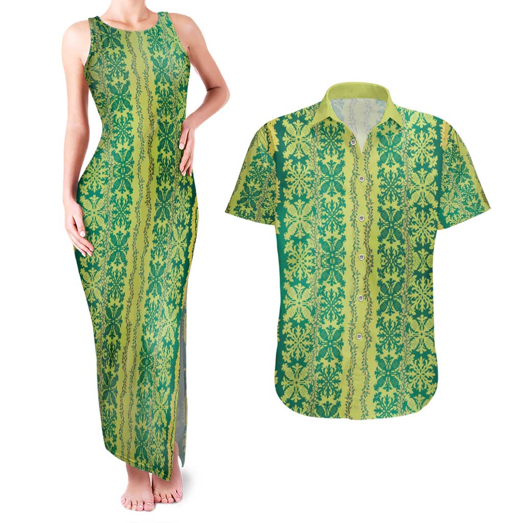 Hawaii Lei with Tribal Quilt Motif Couples Matching Tank Maxi Dress and Hawaiian Shirt