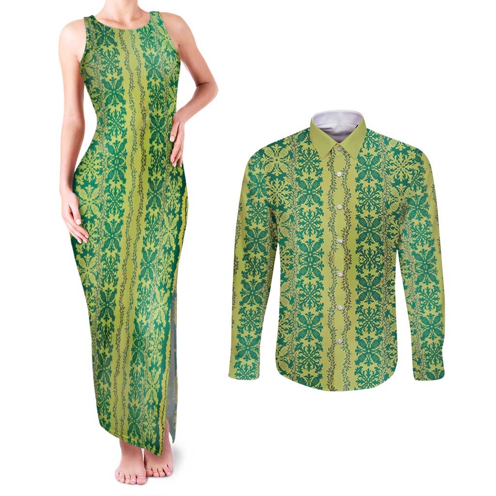 Hawaii Lei with Tribal Quilt Motif Couples Matching Tank Maxi Dress and Long Sleeve Button Shirt