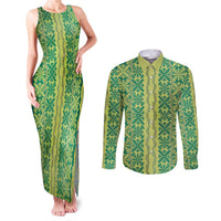 Hawaii Lei with Tribal Quilt Motif Couples Matching Tank Maxi Dress and Long Sleeve Button Shirt