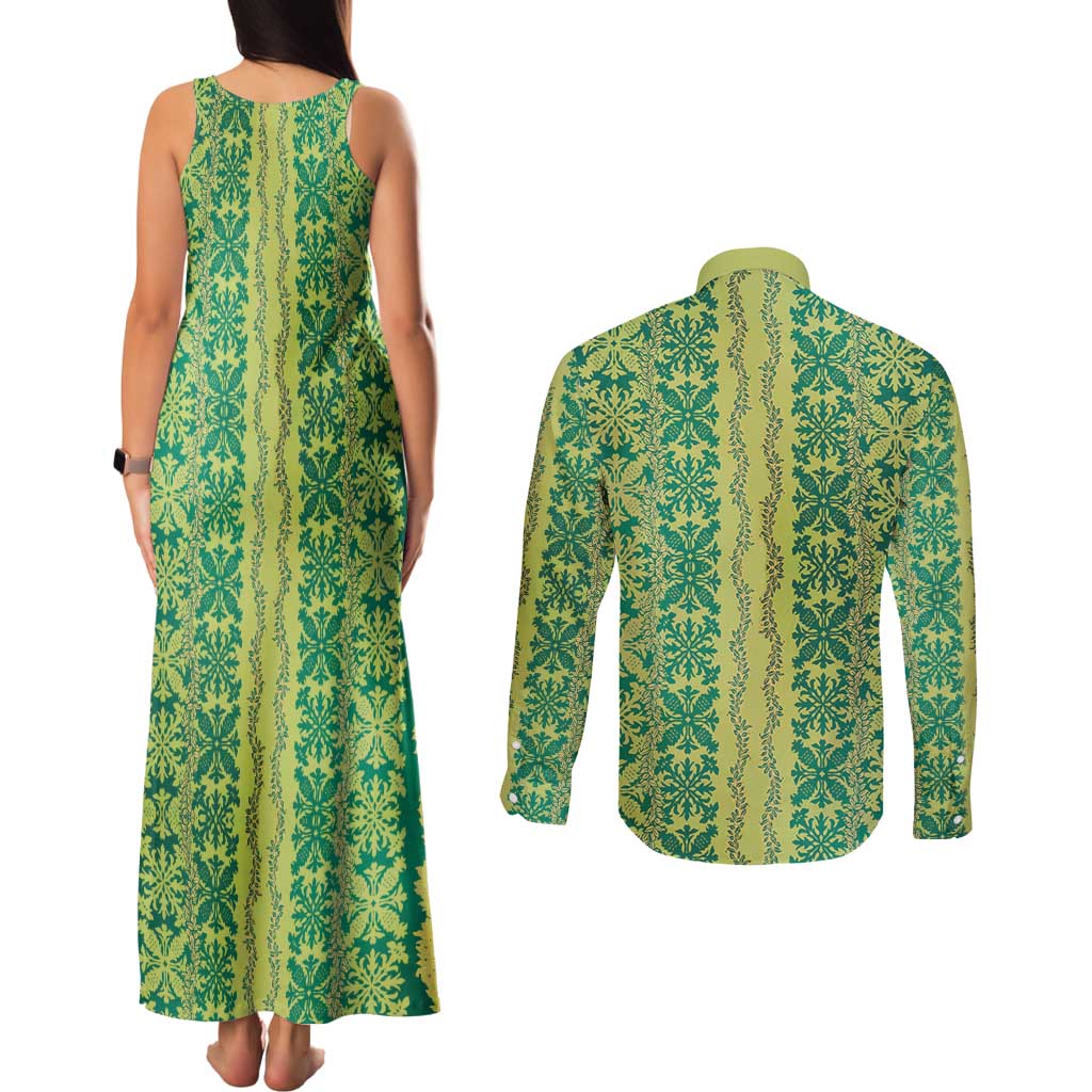 Hawaii Lei with Tribal Quilt Motif Couples Matching Tank Maxi Dress and Long Sleeve Button Shirt