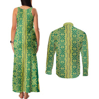 Hawaii Lei with Tribal Quilt Motif Couples Matching Tank Maxi Dress and Long Sleeve Button Shirt