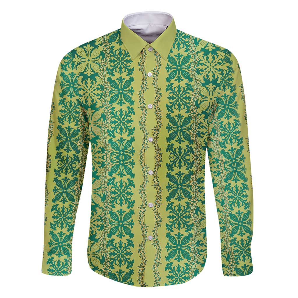 Hawaii Lei with Tribal Quilt Motif Family Matching Long Sleeve Bodycon Dress and Hawaiian Shirt