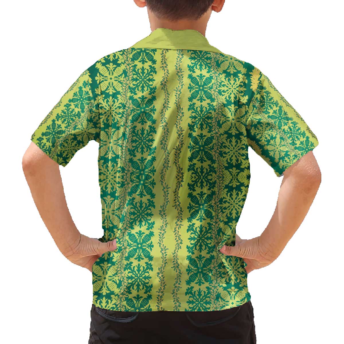 Hawaii Lei with Tribal Quilt Motif Family Matching Off The Shoulder Long Sleeve Dress and Hawaiian Shirt