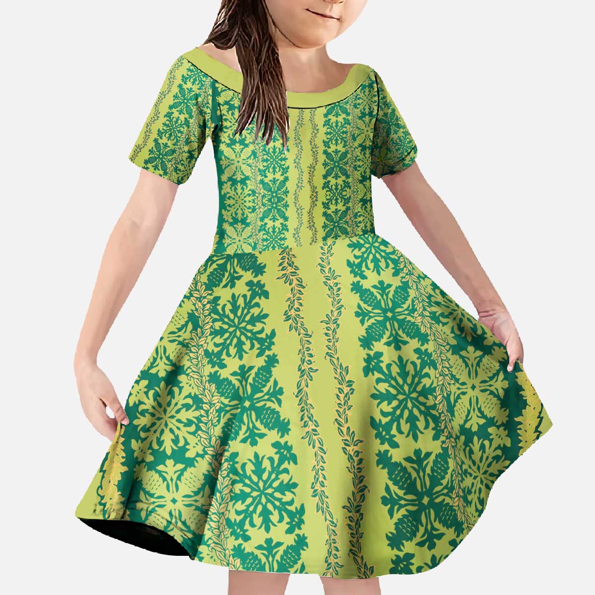 Hawaii Lei with Tribal Quilt Motif Family Matching Off The Shoulder Long Sleeve Dress and Hawaiian Shirt