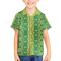 Hawaii Lei with Tribal Quilt Motif Family Matching Off The Shoulder Long Sleeve Dress and Hawaiian Shirt