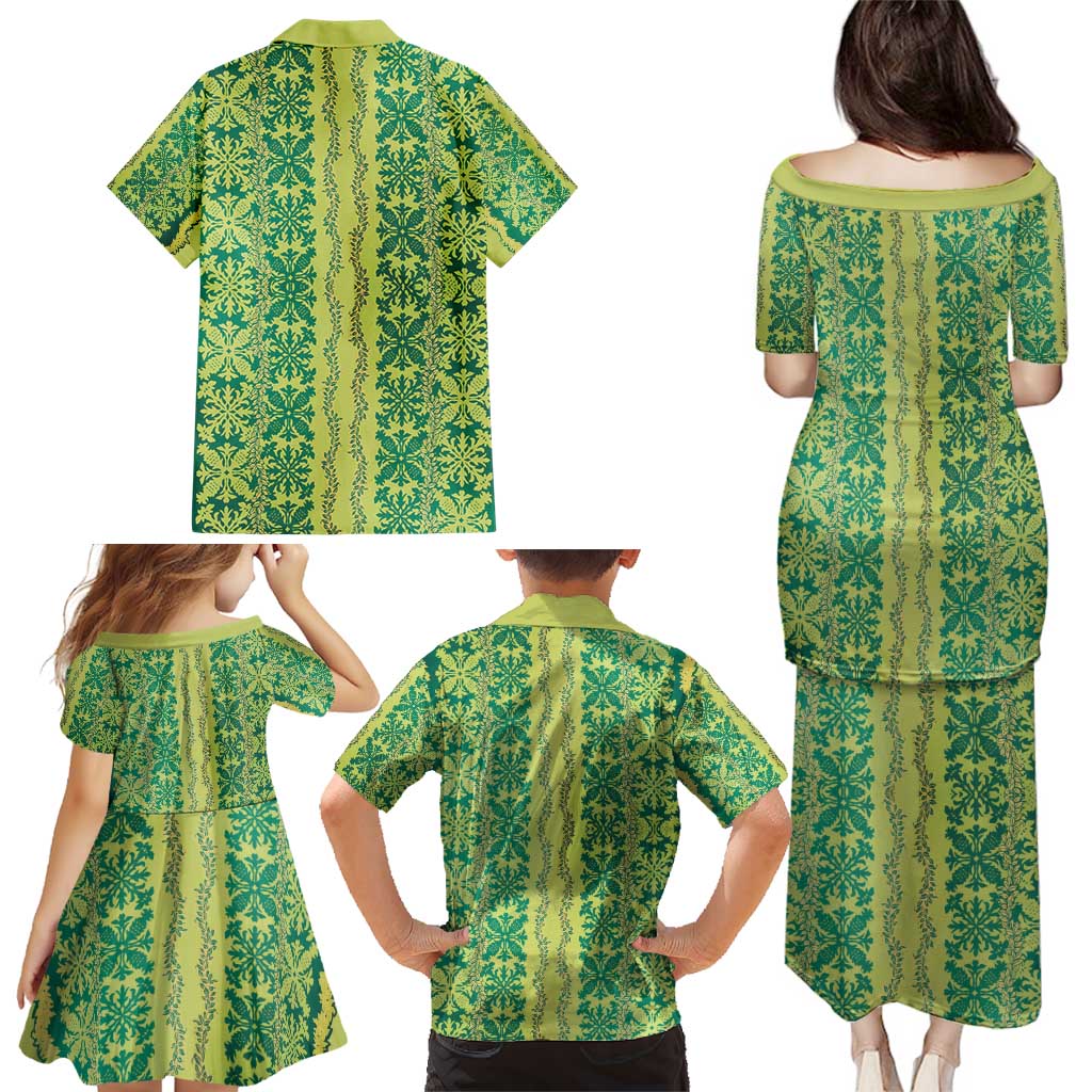 Hawaii Lei with Tribal Quilt Motif Family Matching Puletasi and Hawaiian Shirt