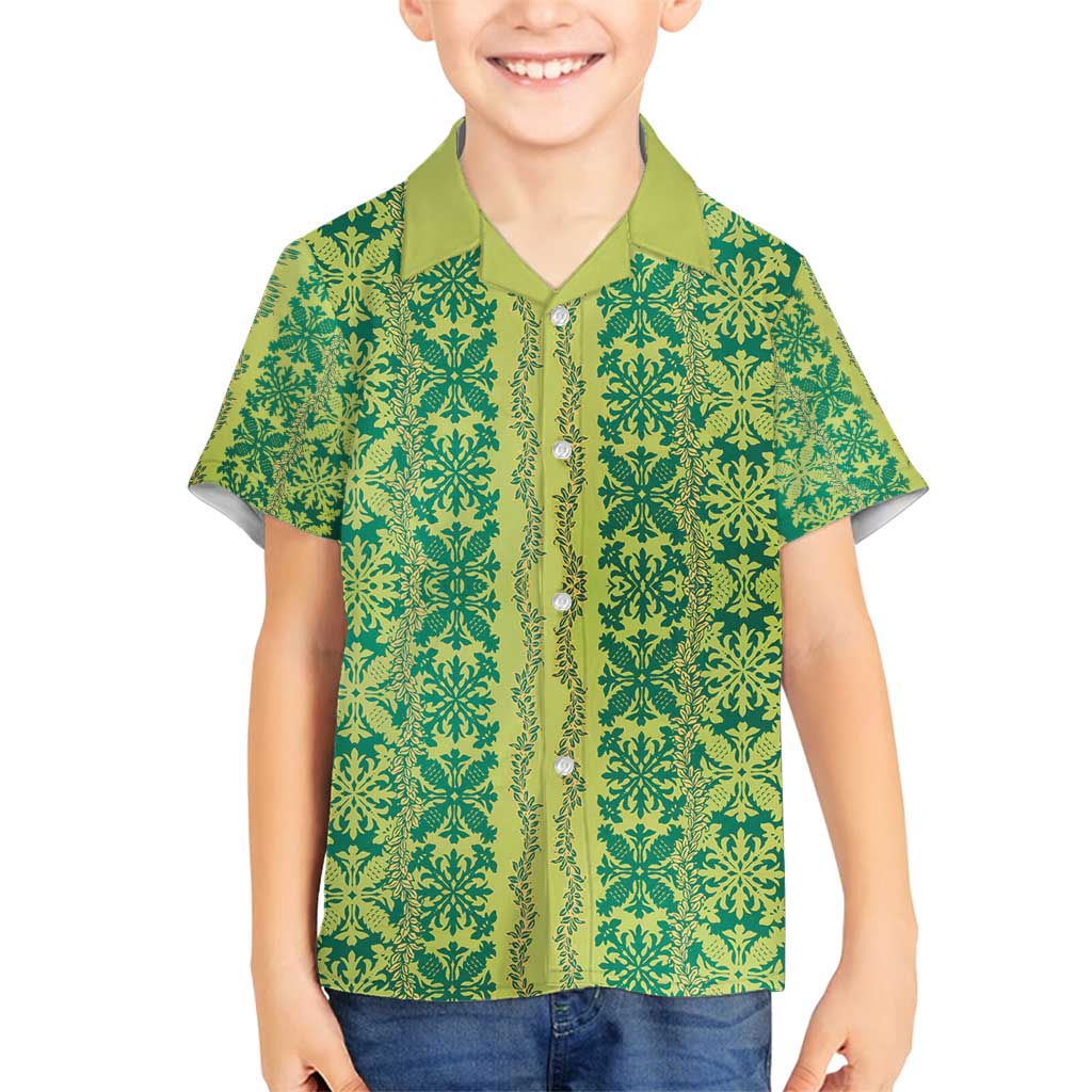 Hawaii Lei with Tribal Quilt Motif Family Matching Puletasi and Hawaiian Shirt