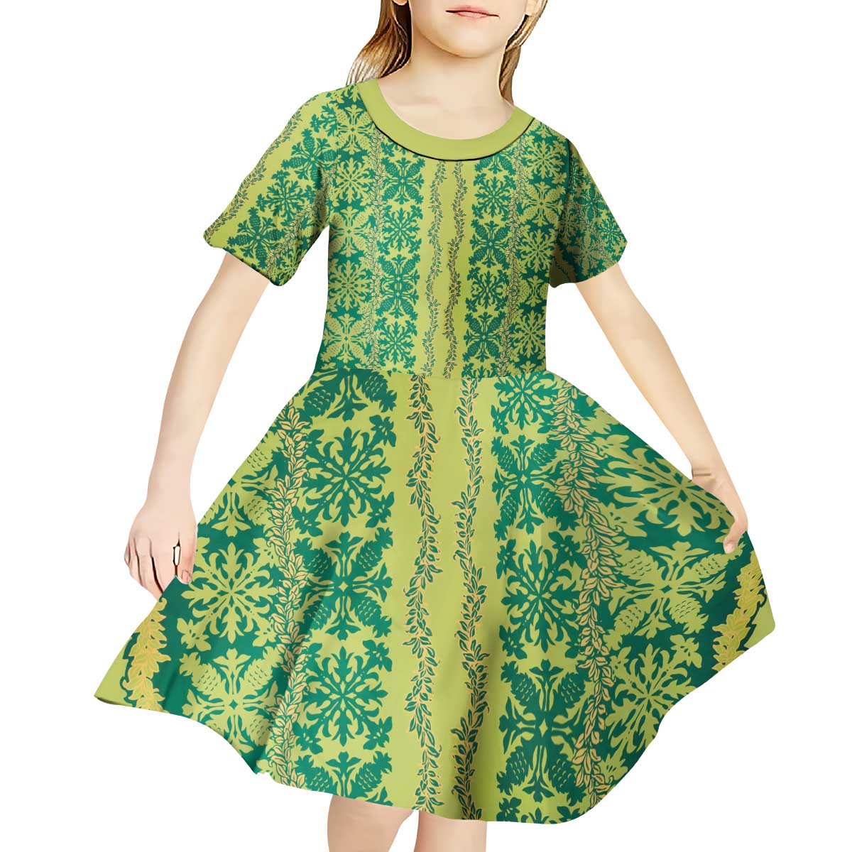 Hawaii Lei with Tribal Quilt Motif Kid Short Sleeve Dress