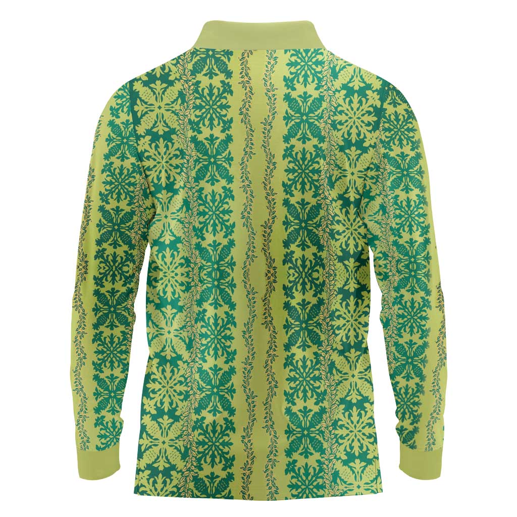 Hawaii Lei with Tribal Quilt Motif Long Sleeve Polo Shirt