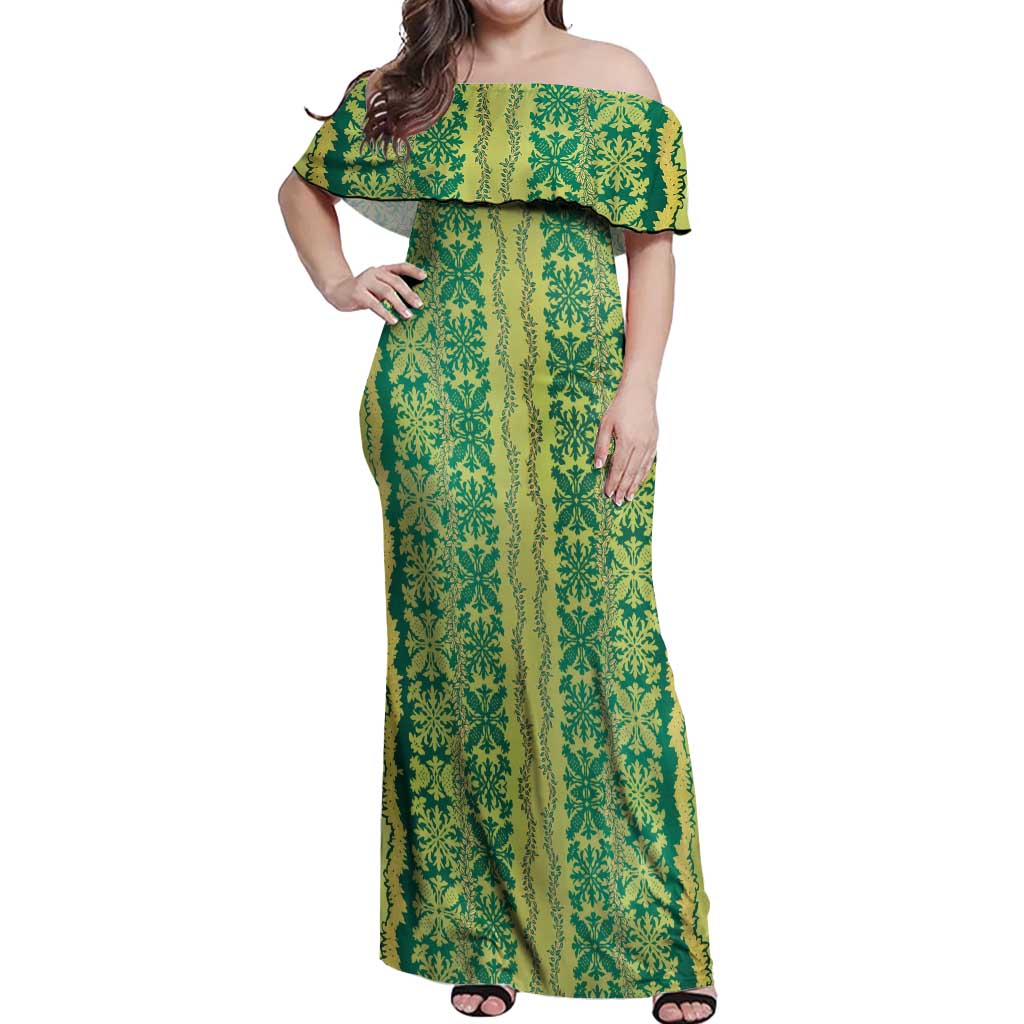 Hawaii Lei with Tribal Quilt Motif Off Shoulder Maxi Dress