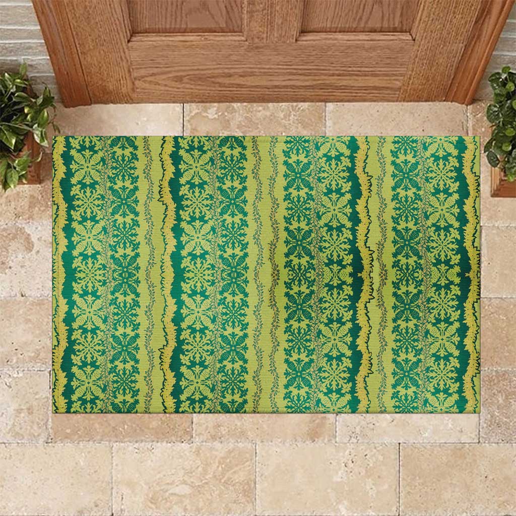 Hawaii Lei with Tribal Quilt Motif Rubber Doormat LT9 Green - Polynesian Pride