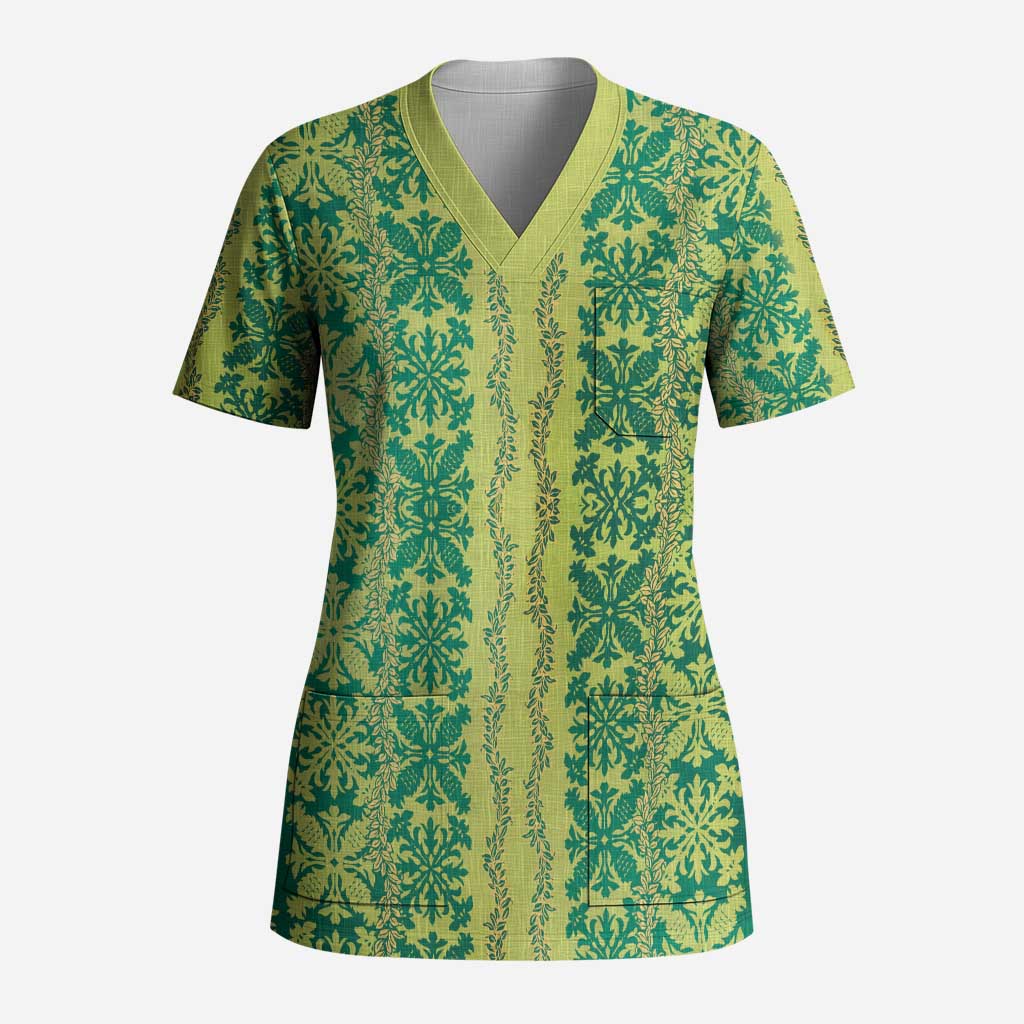 Hawaii Lei with Tribal Quilt Motif Scrub Top - Polynesian Pride