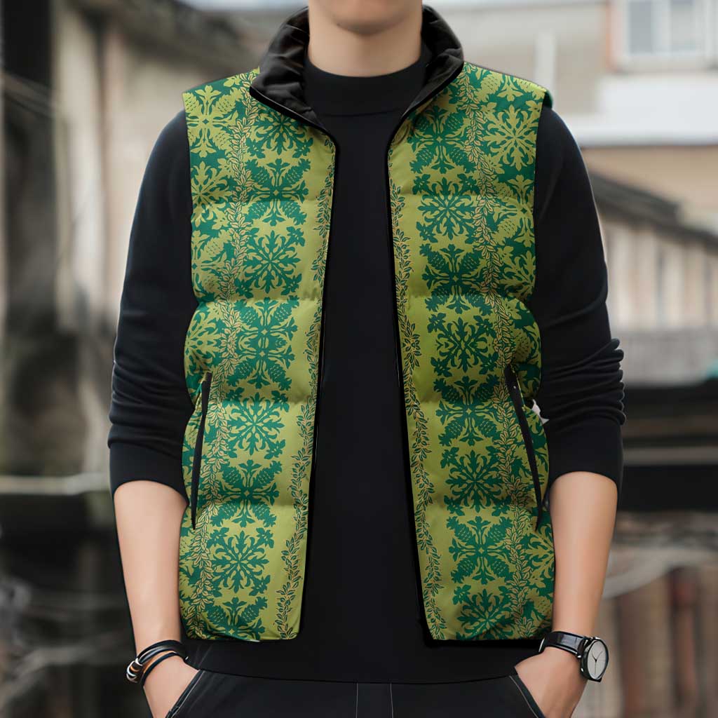 Hawaii Lei with Tribal Quilt Motif Sleeveless Puffer Jacket - Polynesian Pride