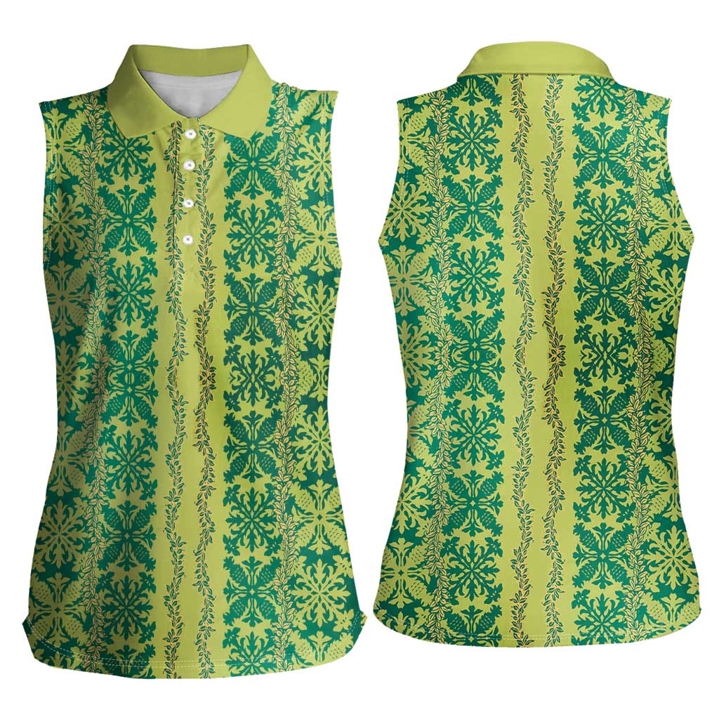 Hawaii Lei with Tribal Quilt Motif Women Sleeveless Polo Shirt