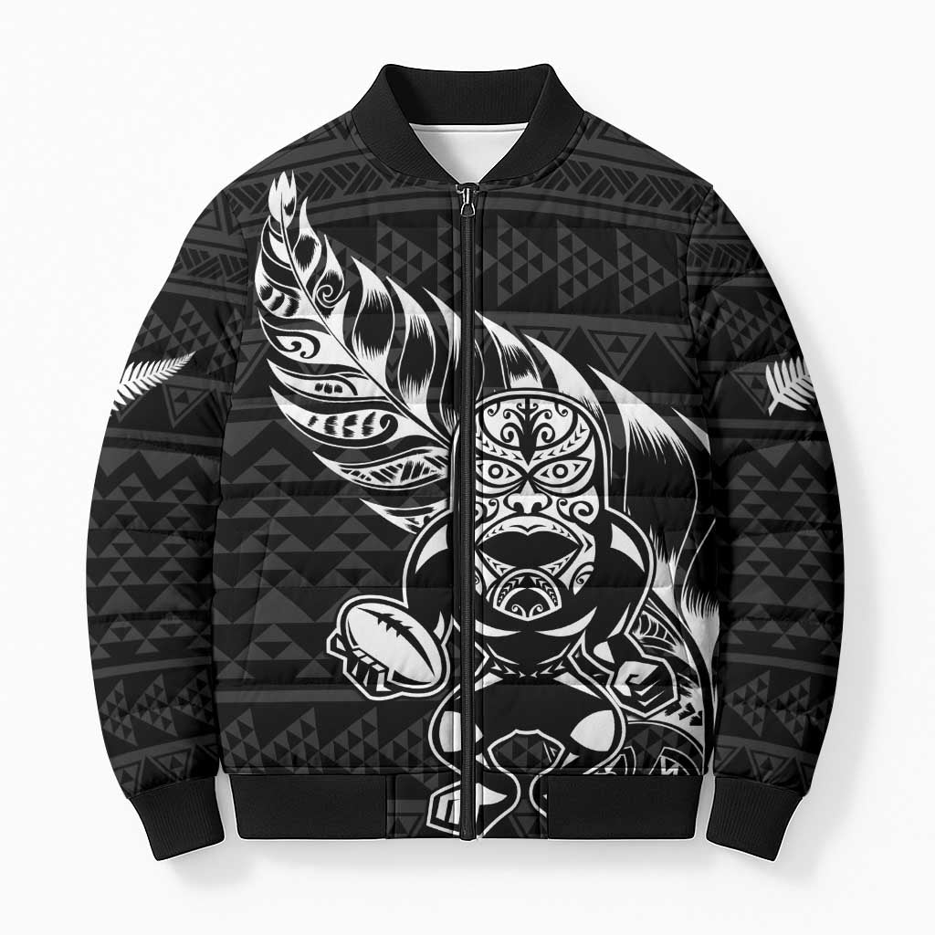 New Zealand Rugby Warrior Custom Bomber Puffer Jacket Black Fern Taniko Motif - Polynesian Pride