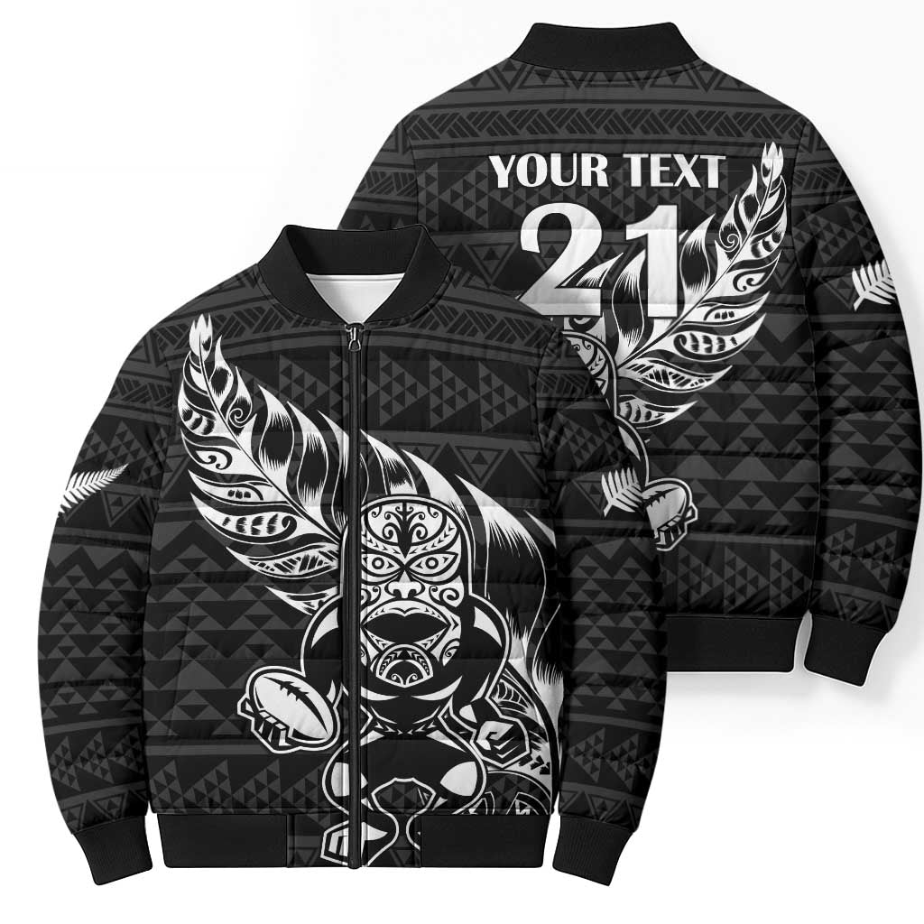 New Zealand Rugby Warrior Custom Bomber Puffer Jacket Black Fern Taniko Motif - Polynesian Pride