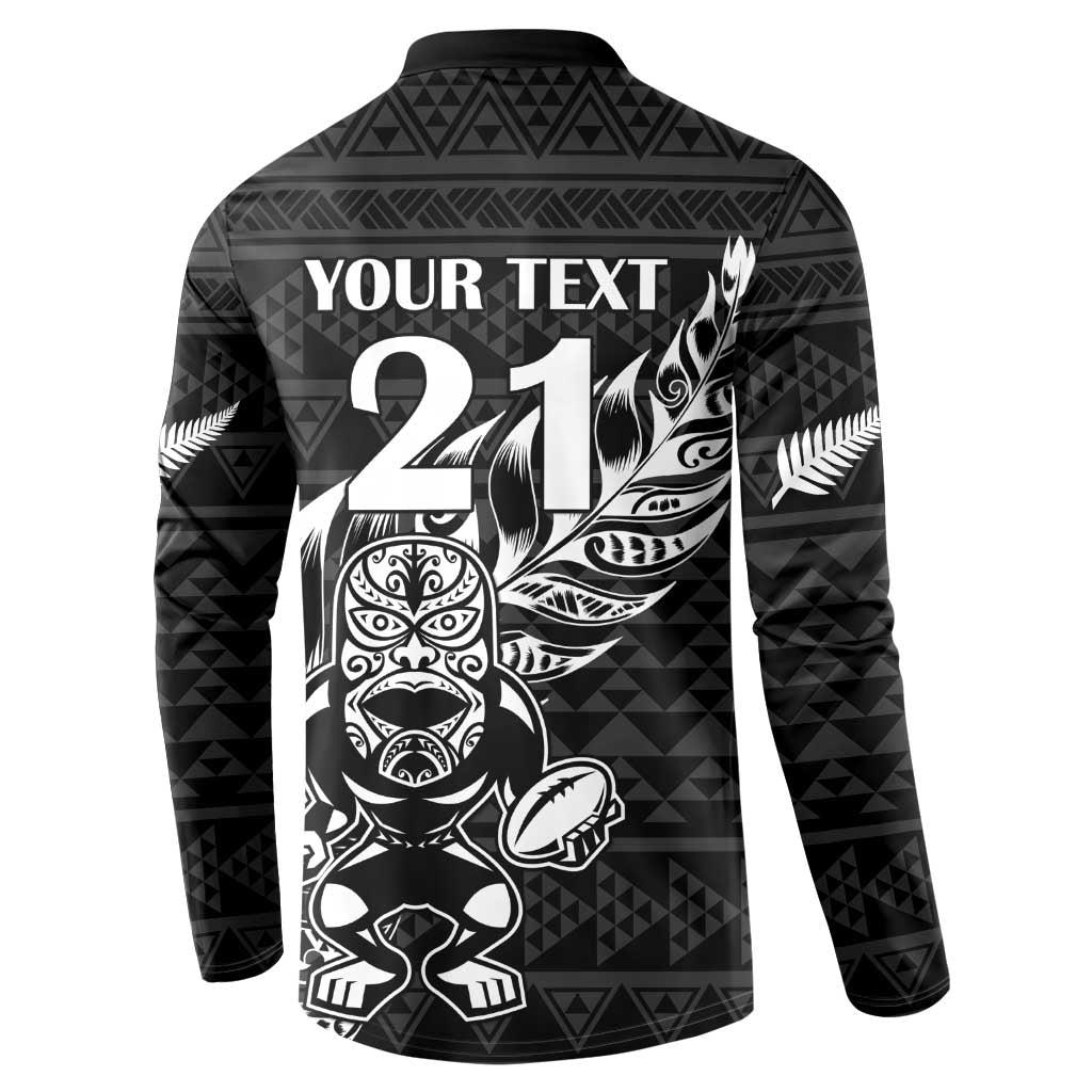 New Zealand Rugby Warrior Custom Button Sweatshirt Black Fern Taniko Motif