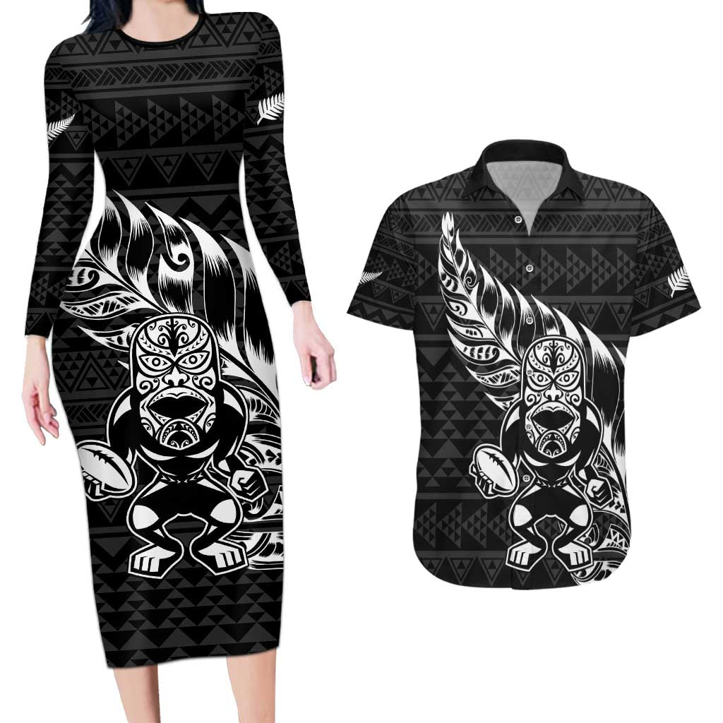 New Zealand Rugby Warrior Custom Couples Matching Long Sleeve Bodycon Dress and Hawaiian Shirt Black Fern Taniko Motif