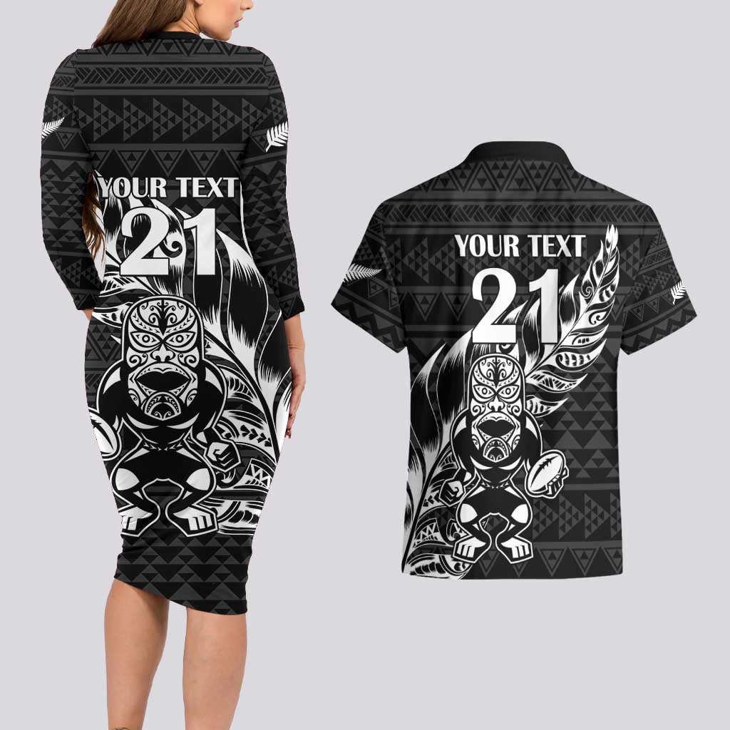 New Zealand Rugby Warrior Custom Couples Matching Long Sleeve Bodycon Dress and Hawaiian Shirt Black Fern Taniko Motif