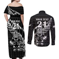 New Zealand Rugby Warrior Custom Couples Matching Off Shoulder Maxi Dress and Long Sleeve Button Shirt Black Fern Taniko Motif