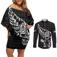 New Zealand Rugby Warrior Custom Couples Matching Off Shoulder Short Dress and Long Sleeve Button Shirt Black Fern Taniko Motif