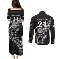 New Zealand Rugby Warrior Custom Couples Matching Puletasi and Long Sleeve Button Shirt Black Fern Taniko Motif