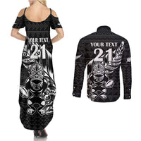 New Zealand Rugby Warrior Custom Couples Matching Summer Maxi Dress and Long Sleeve Button Shirt Black Fern Taniko Motif