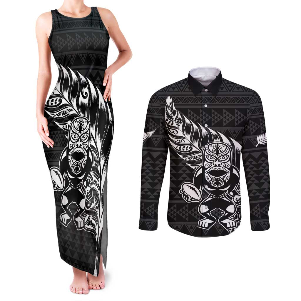 New Zealand Rugby Warrior Custom Couples Matching Tank Maxi Dress and Long Sleeve Button Shirt Black Fern Taniko Motif