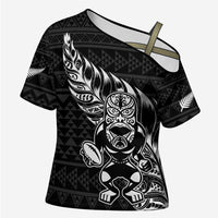 New Zealand Rugby Warrior Custom Cross Shoulder Shirt Black Fern Taniko Motif - Polynesian Pride