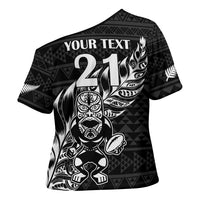 New Zealand Rugby Warrior Custom Cross Shoulder Shirt Black Fern Taniko Motif - Polynesian Pride