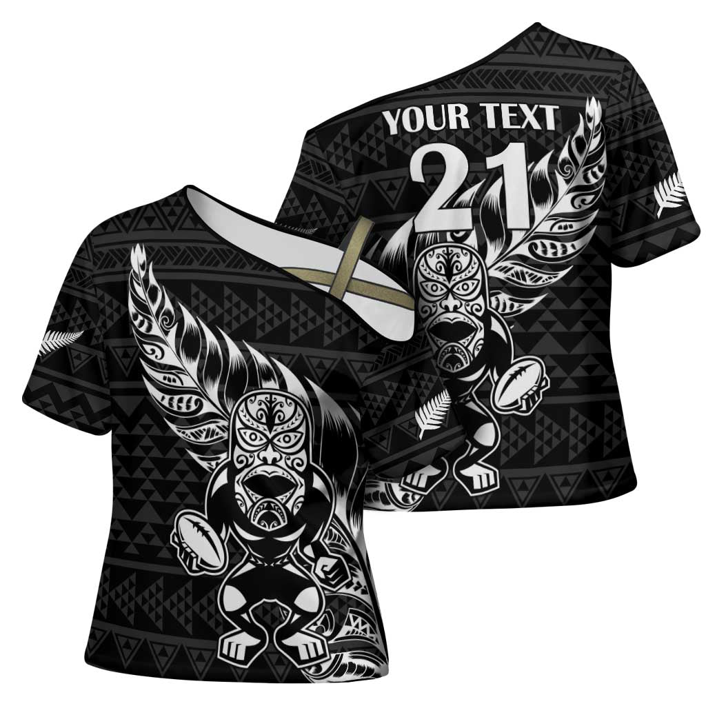 New Zealand Rugby Warrior Custom Cross Shoulder Shirt Black Fern Taniko Motif - Polynesian Pride