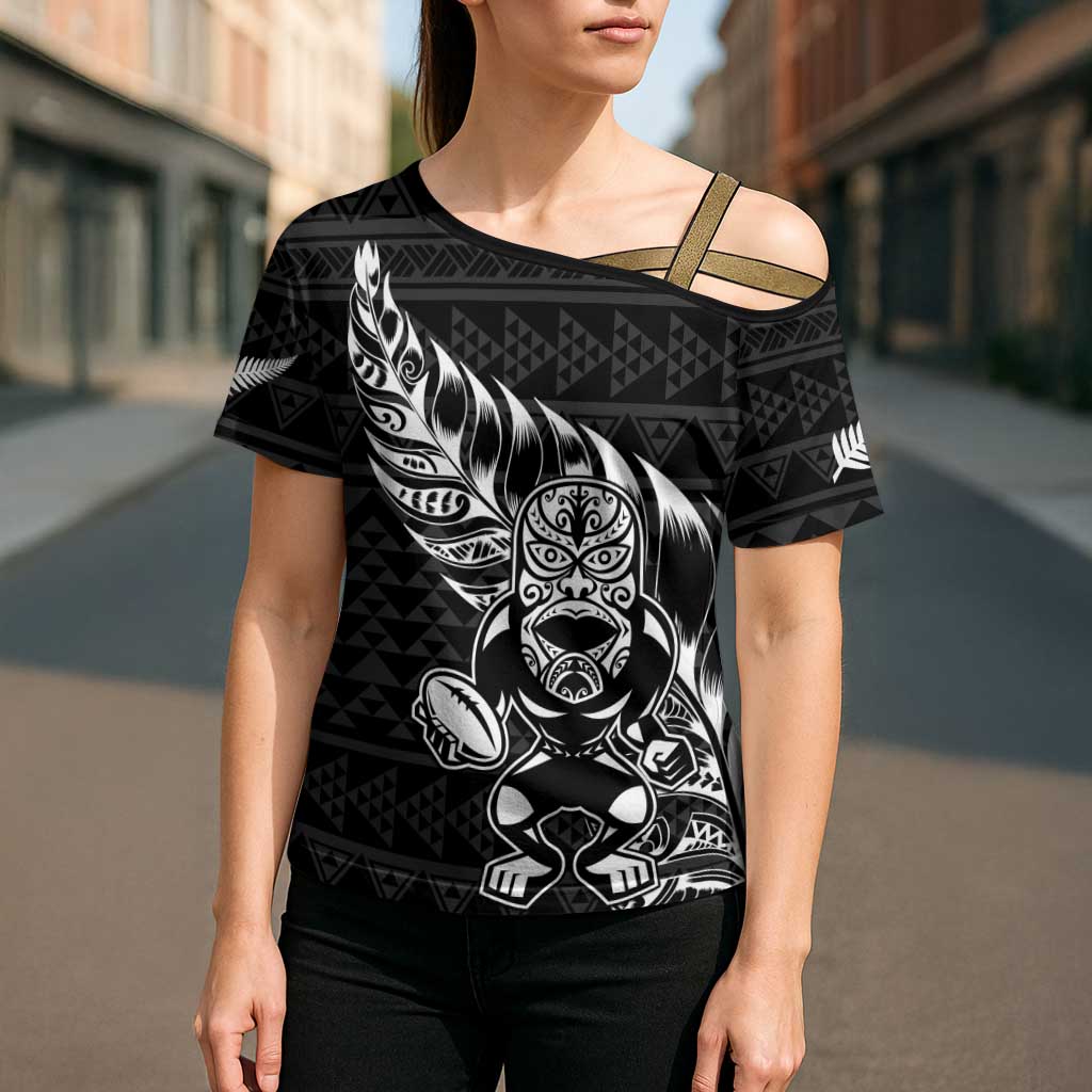New Zealand Rugby Warrior Custom Cross Shoulder Shirt Black Fern Taniko Motif - Polynesian Pride