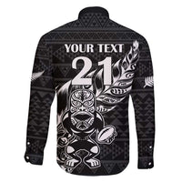 New Zealand Rugby Warrior Custom Family Matching Long Sleeve Bodycon Dress and Hawaiian Shirt Black Fern Taniko Motif