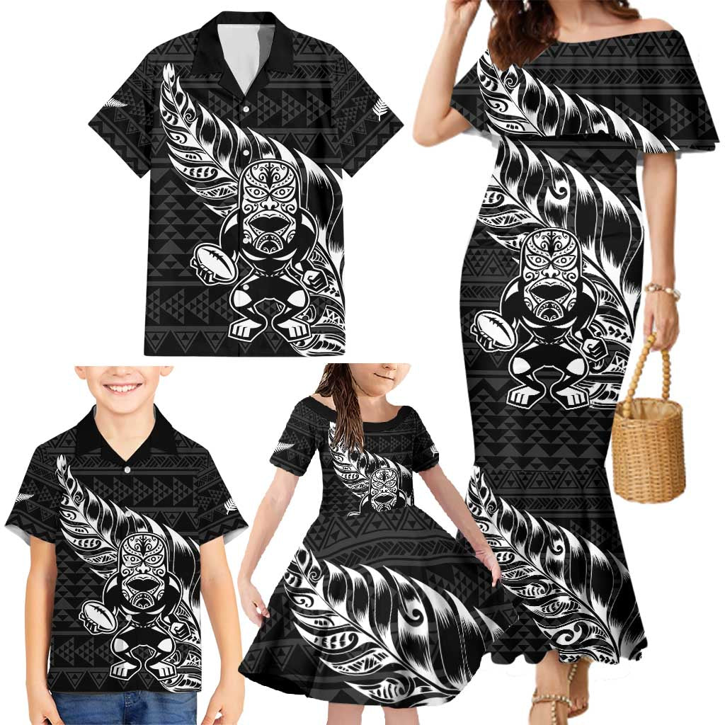 New Zealand Rugby Warrior Custom Family Matching Mermaid Dress and Hawaiian Shirt Black Fern Taniko Motif