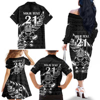 New Zealand Rugby Warrior Custom Family Matching Off The Shoulder Long Sleeve Dress and Hawaiian Shirt Black Fern Taniko Motif